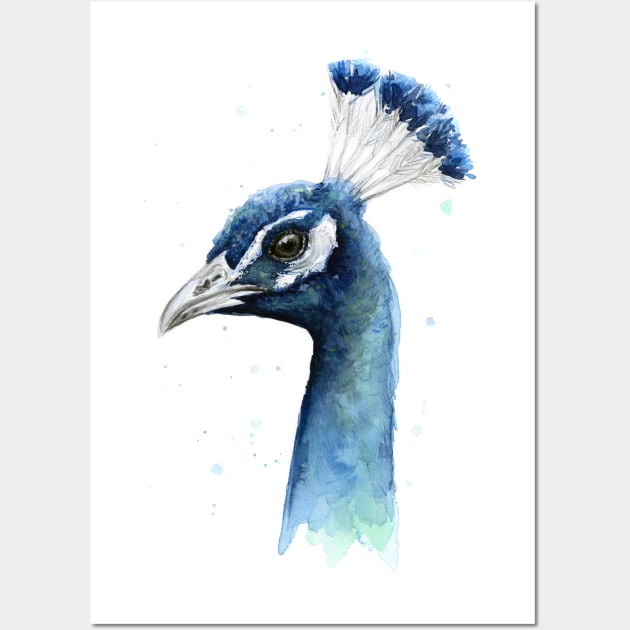 Blue Profile Peacock Watercolor Wall Art by Olechka